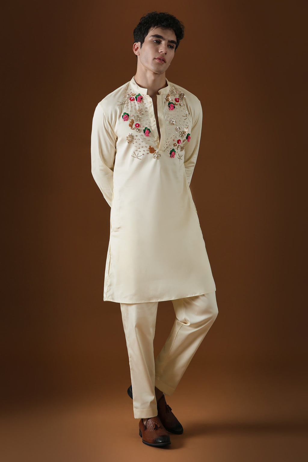 Wild Flowers Hand Embroidered Designer Kurta - Ivory
