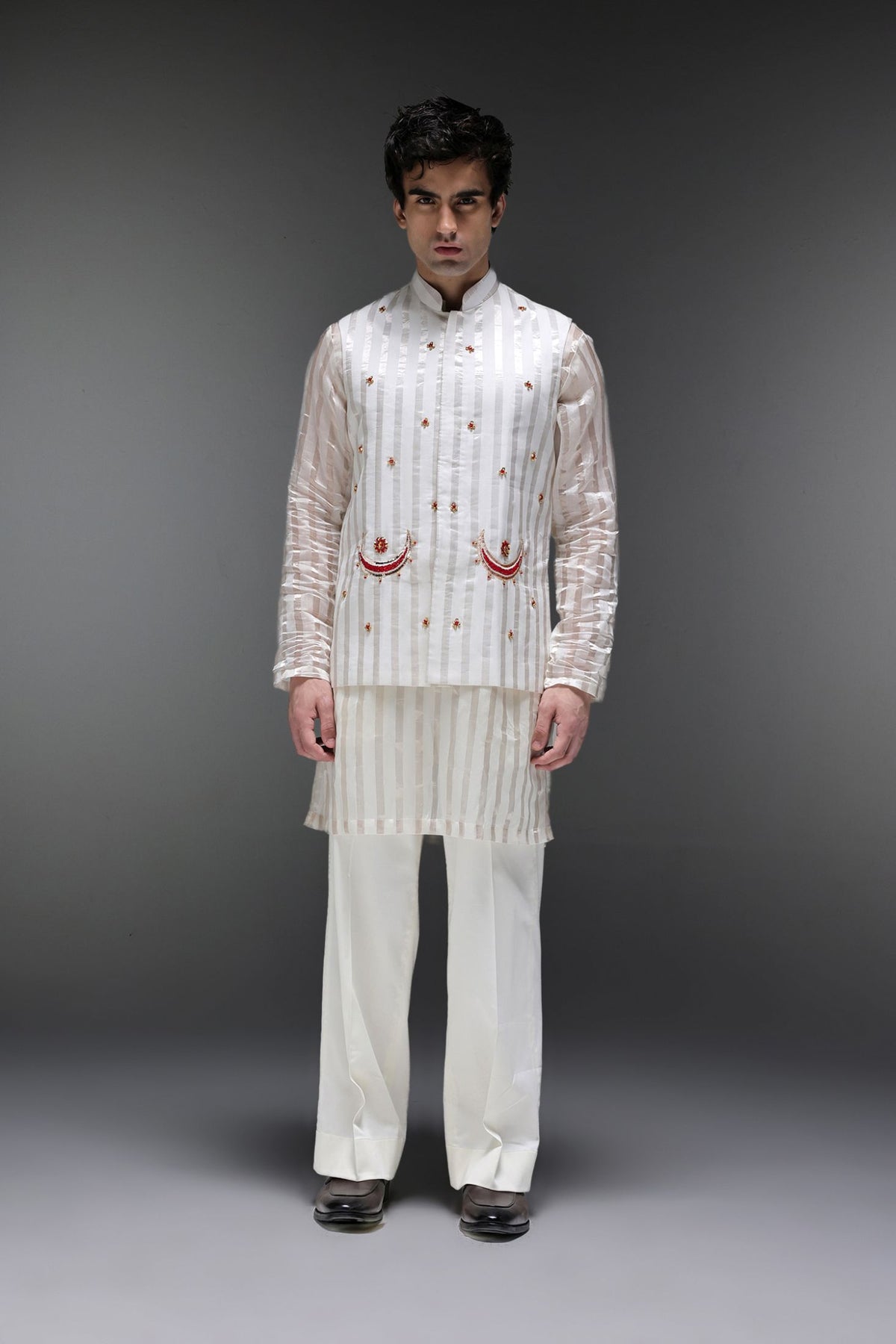 Moon - Hand Embroidered Designer Bundi With Kurta - Ivory