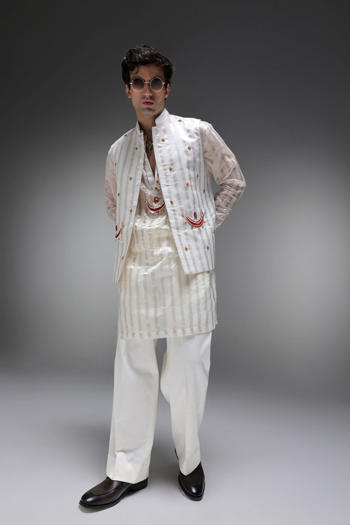 Moon - Hand Embroidered Designer Bundi With Kurta - Ivory