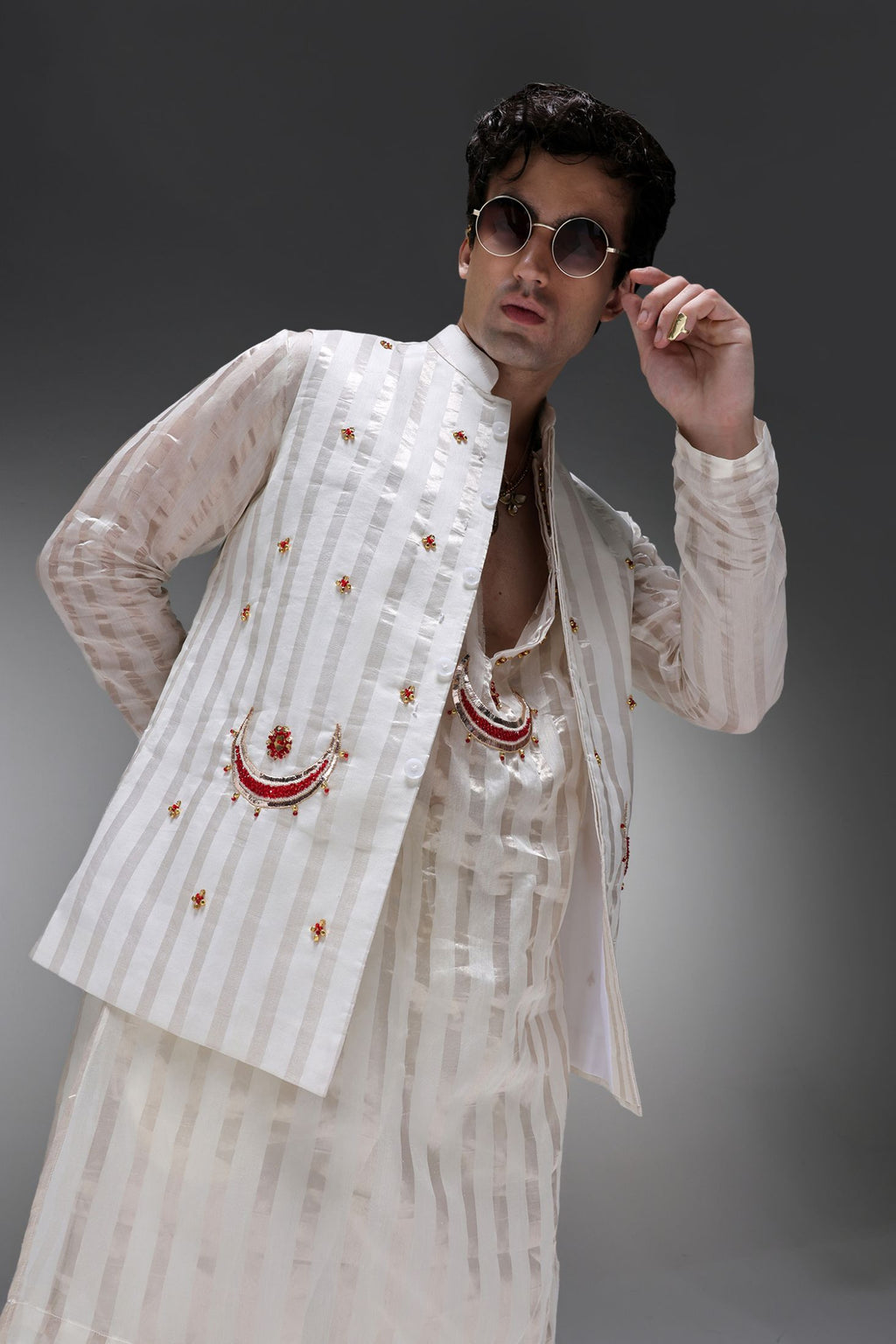 Moon - Hand Embroidered Designer Bundi With Kurta - Ivory