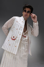 Moon - Hand Embroidered Designer Bundi With Kurta - Ivory