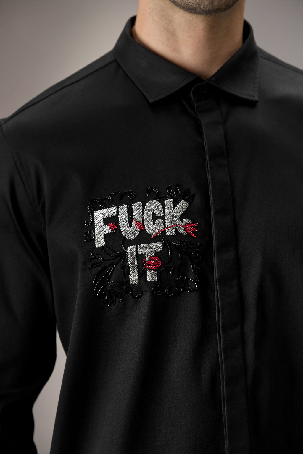 Fuck It - Hand Embroidered Designer Shirt - Black