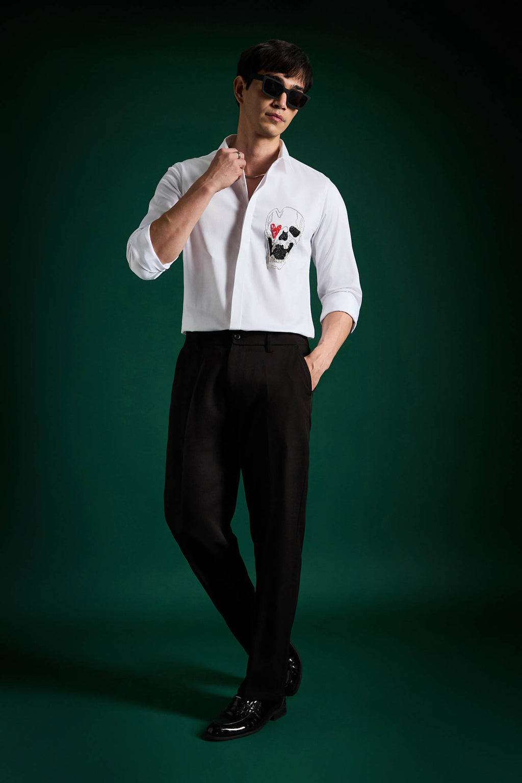 Heart Skull White - Hand Embroidered Designer Shirt