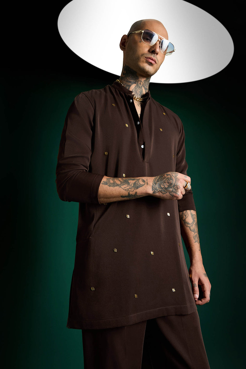 Studded Hand Embroidered Designer Kurta Set - Coffee brown