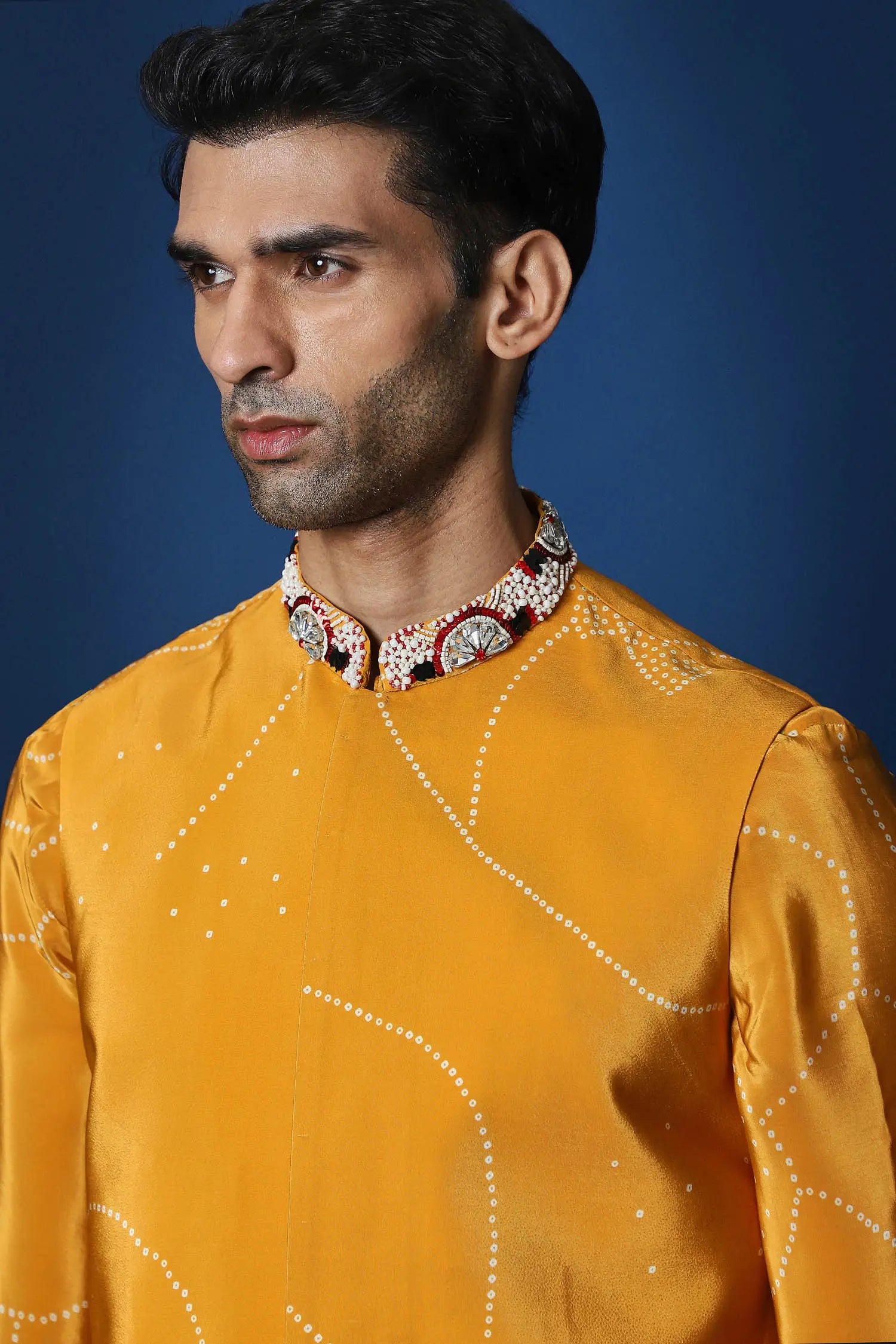 Mustard Doodle Flower Bandhani Bundi Set - Mustard