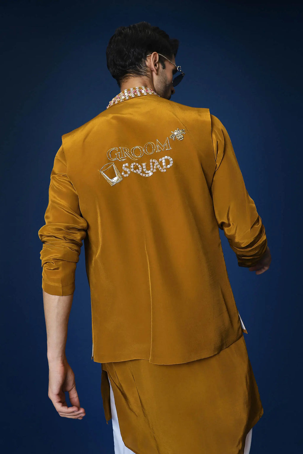 Groom Squad Hand Embroidered Crepe Bundi Set - Mustard