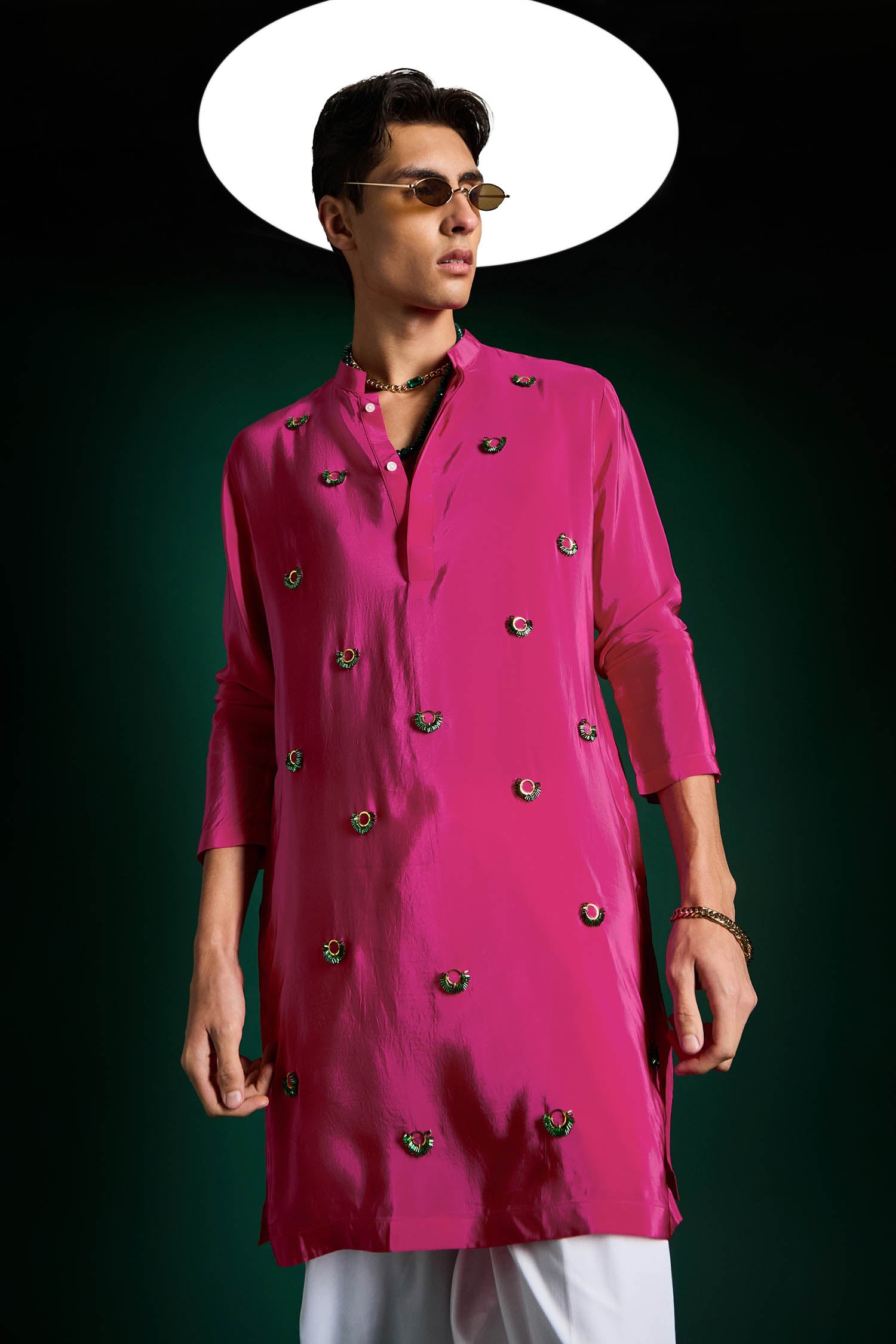 Spiral Hand Embroidered Designer Kurta - Hot PInk
