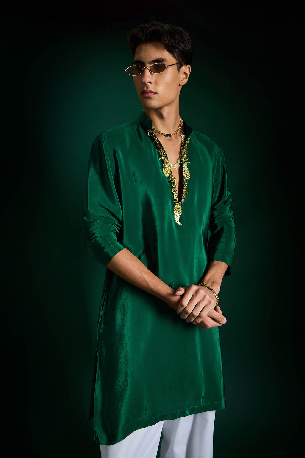 Echo Beads Hand Embroidered Designer Kurta - Bottle Green