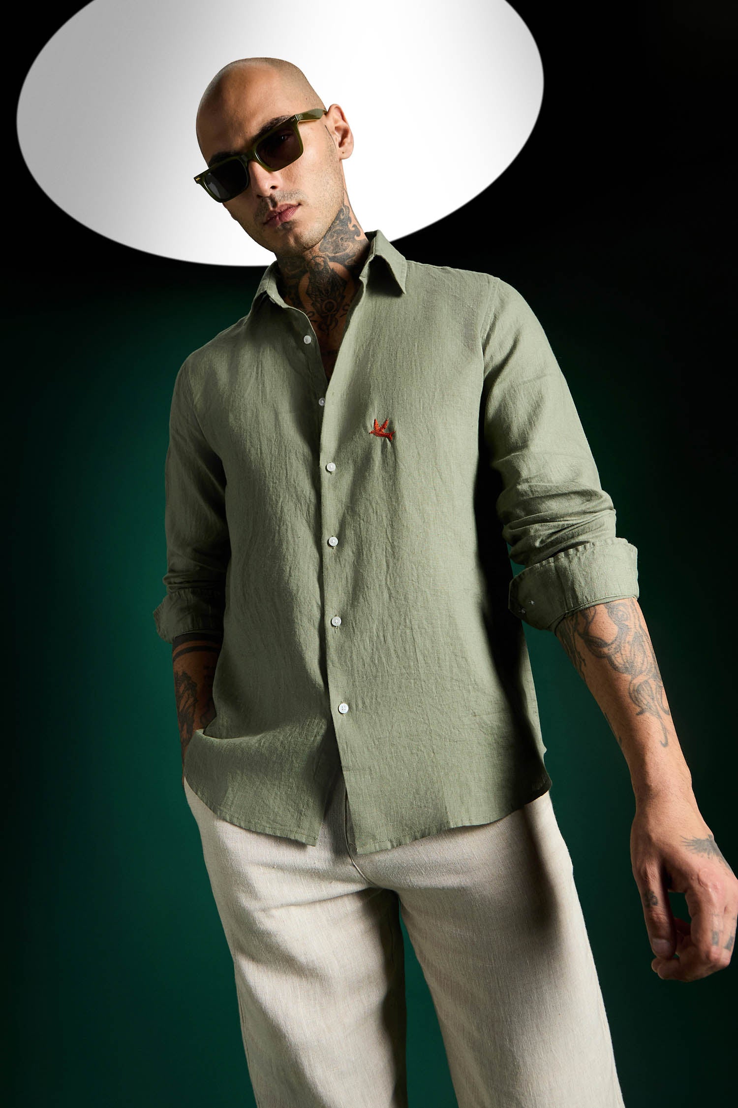 Bird Irish Linen Shirt - Olive Green