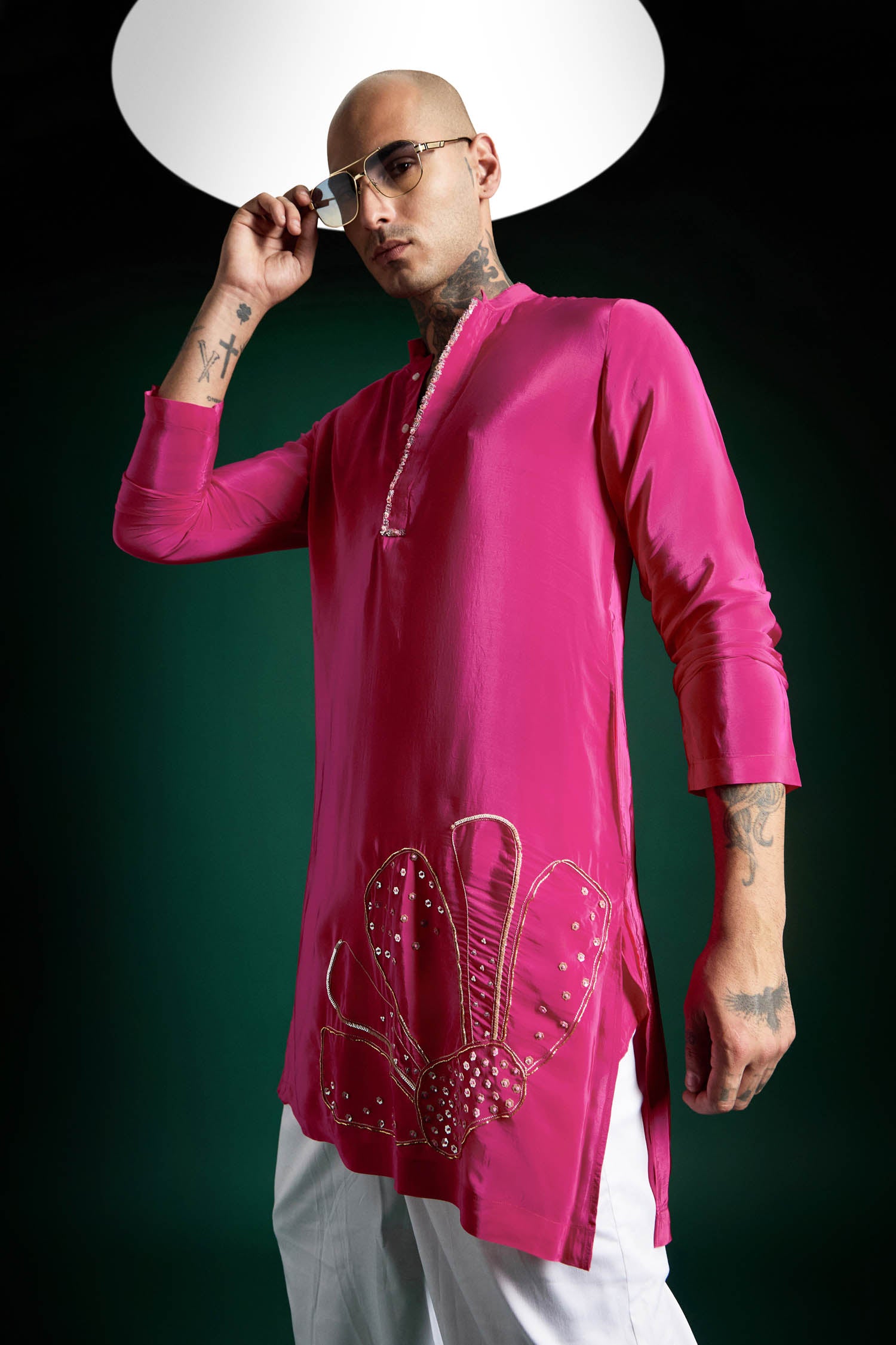 Petals Hand Embroidered Designer Kurta - Hot Pink