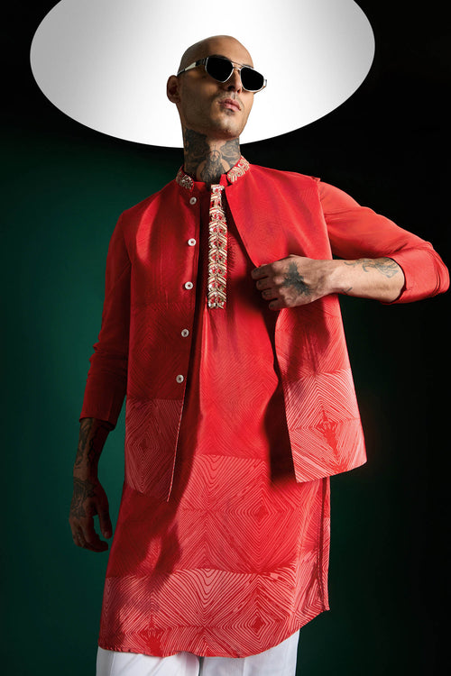 Red Print Hand Embroidered Designer Bundi Set