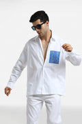 Evolve or Repeat - Hand Embroidered Oversized Designer Shirt  - White with blue