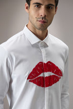 Lips- Hand Embroidered Designer Shirt - White