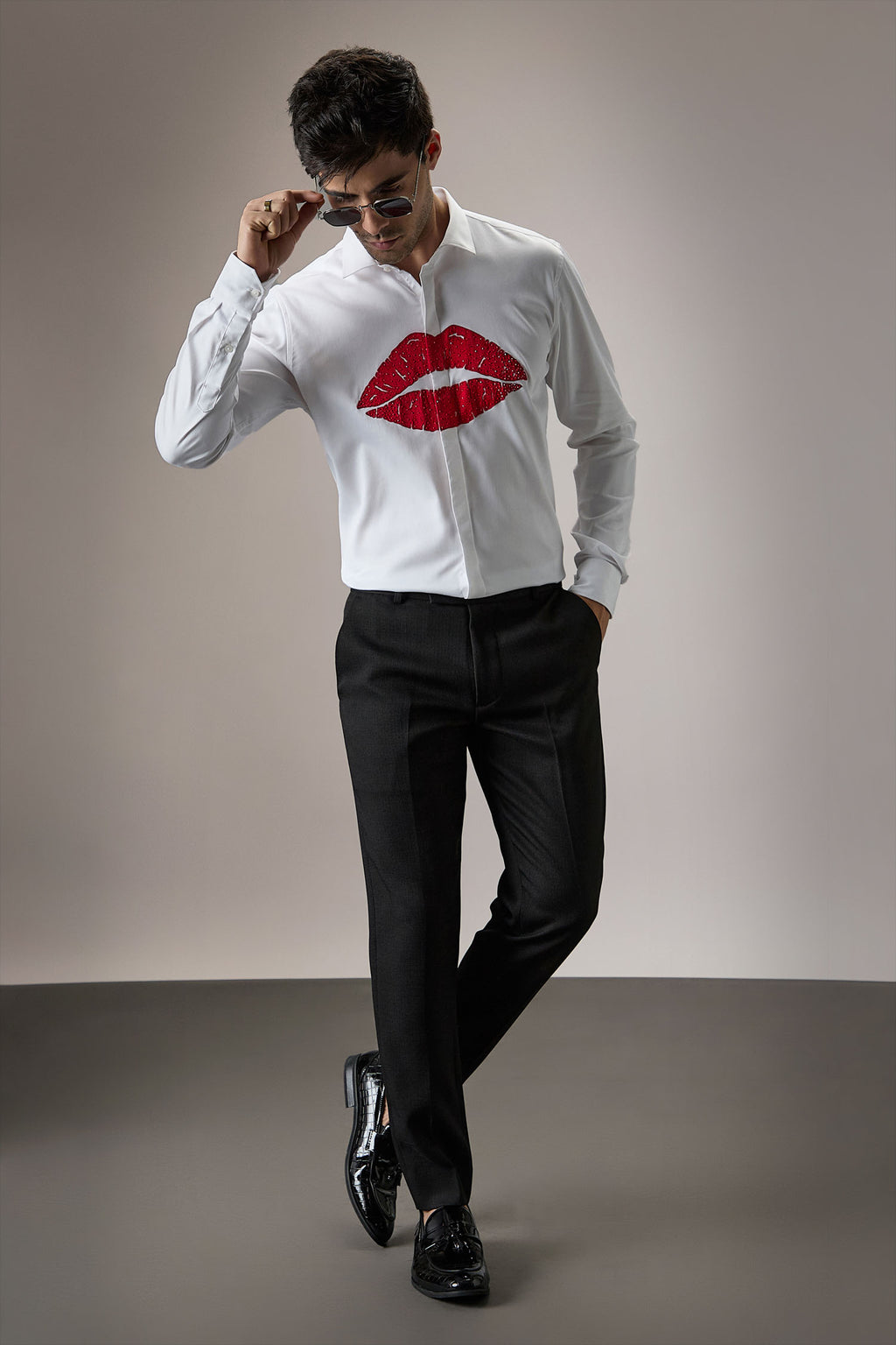 Lips- Hand Embroidered Designer Shirt - White