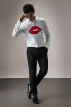 Lips- Hand Embroidered Designer Shirt - White