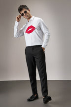 Lips- Hand Embroidered Designer Shirt - White