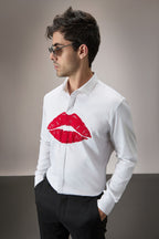 Lips- Hand Embroidered Designer Shirt - White