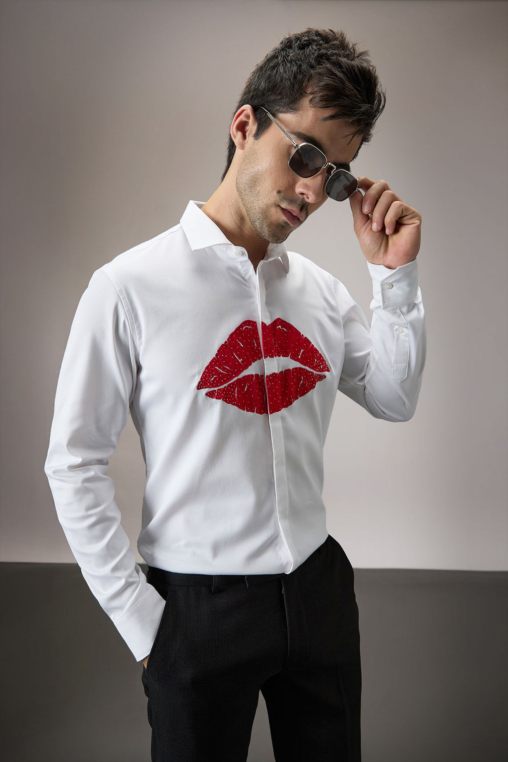 Lips- Hand Embroidered Designer Shirt - White