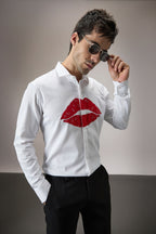 Lips- Hand Embroidered Designer Shirt - White