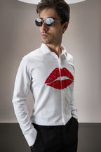 Lips- Hand Embroidered Designer Shirt - White