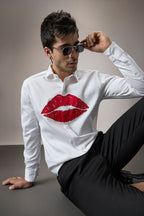 Lips- Hand Embroidered Designer Shirt - White
