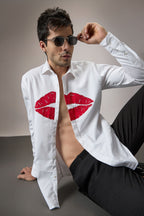 Lips- Hand Embroidered Designer Shirt - White