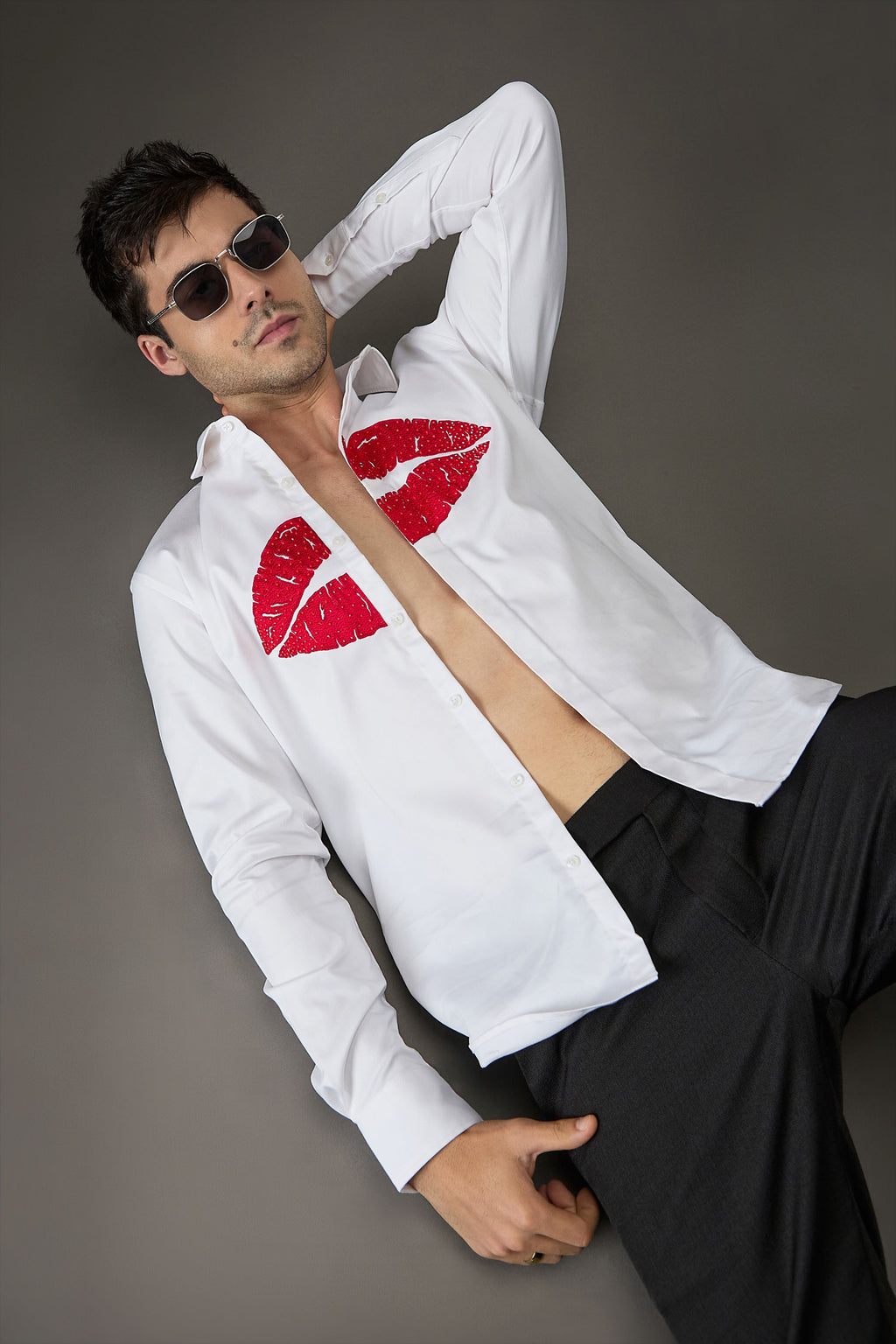Lips- Hand Embroidered Designer Shirt - White