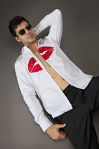 Lips- Hand Embroidered Designer Shirt - White