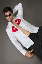 Lips- Hand Embroidered Designer Shirt - White