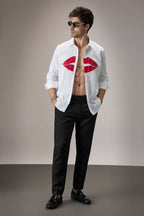 Lips- Hand Embroidered Designer Shirt - White