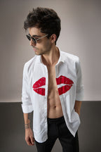 Lips- Hand Embroidered Designer Shirt - White