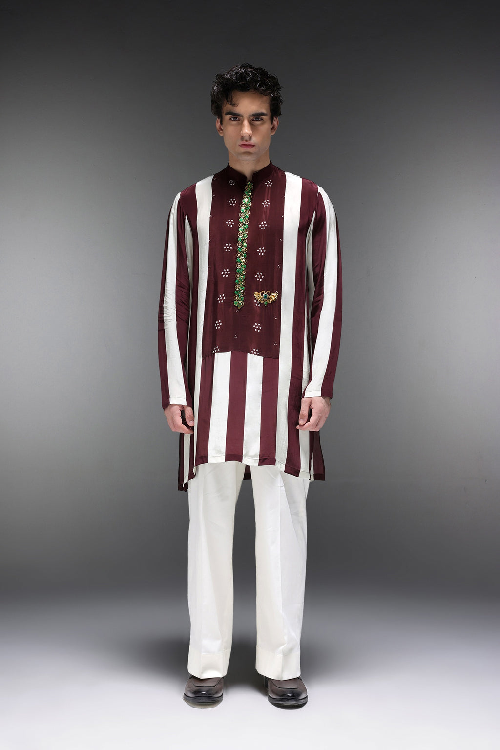 Eros - Hand Embroidered Designer Kurta - Wine Stripes