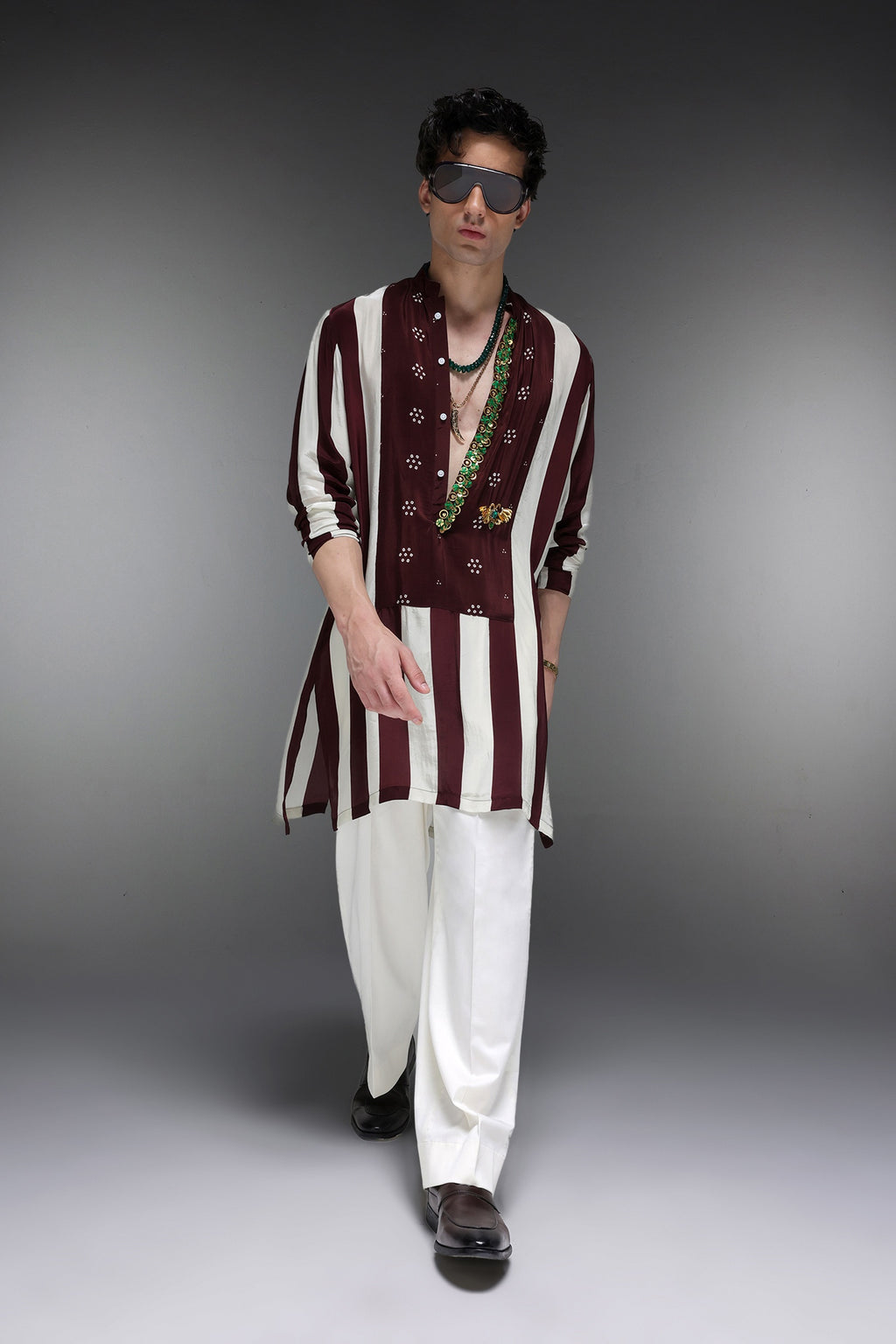 Eros - Hand Embroidered Designer Kurta - Wine Stripes