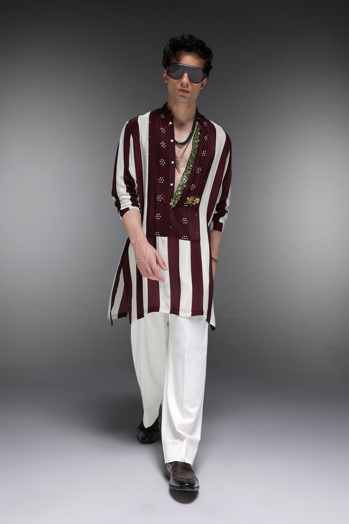 Eros - Hand Embroidered Designer Kurta - Wine Stripes