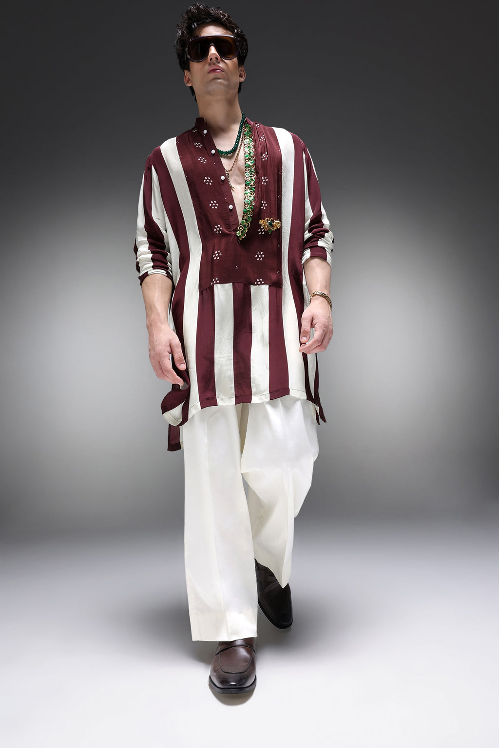 Eros - Hand Embroidered Designer Kurta - Wine Stripes