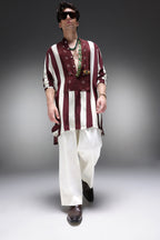 Eros - Hand Embroidered Designer Kurta - Wine Stripes