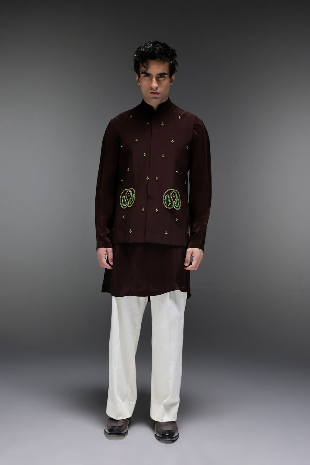 Paisley - Hand Embroidered Designer Bundi With Kurta - Brown