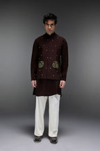 Paisley - Hand Embroidered Designer Bundi With Kurta - Brown