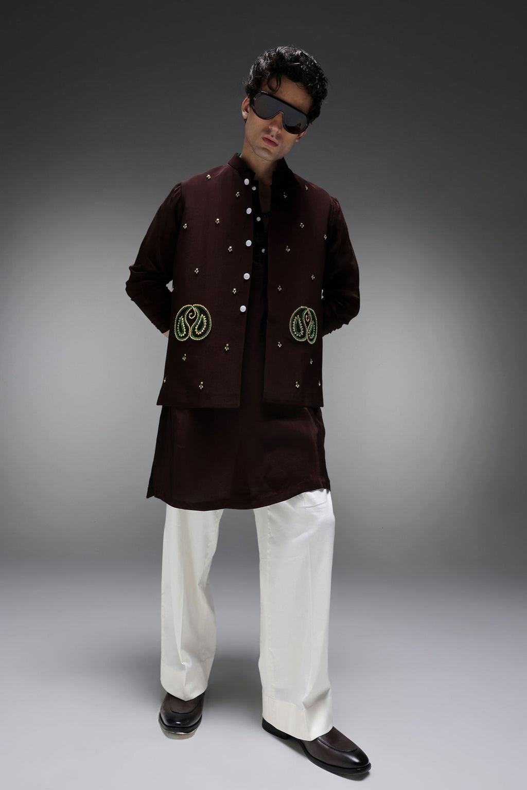 Paisley - Hand Embroidered Designer Bundi With Kurta - Brown