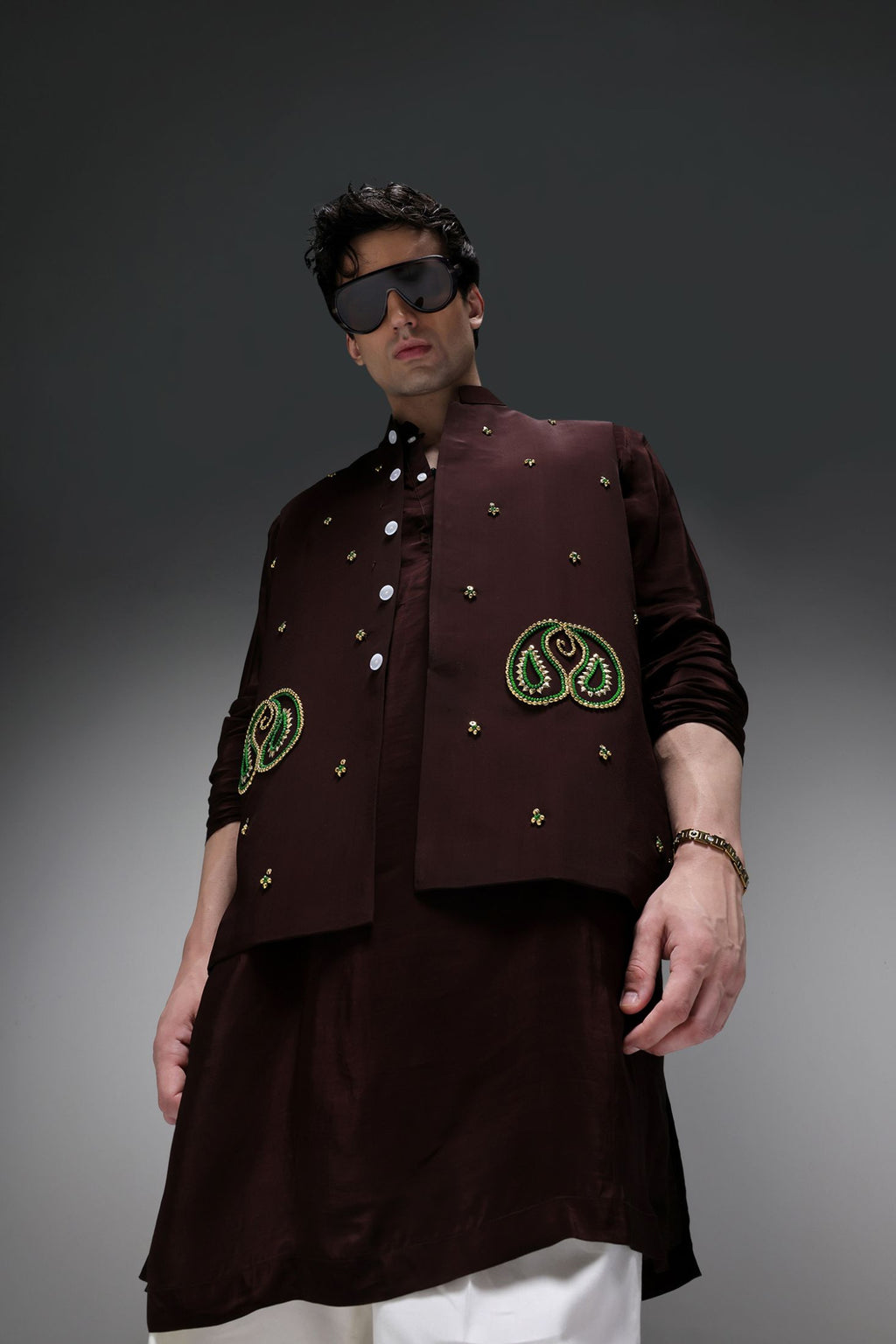 Paisley - Hand Embroidered Designer Bundi With Kurta - Brown