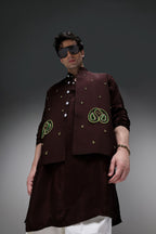 Paisley - Hand Embroidered Designer Bundi With Kurta - Brown
