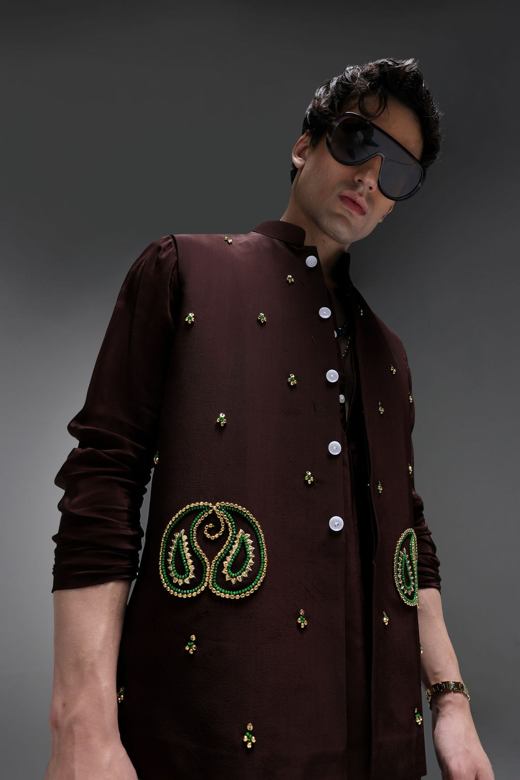 Paisley - Hand Embroidered Designer Bundi With Kurta - Brown