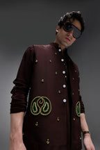 Paisley - Hand Embroidered Designer Bundi With Kurta - Brown