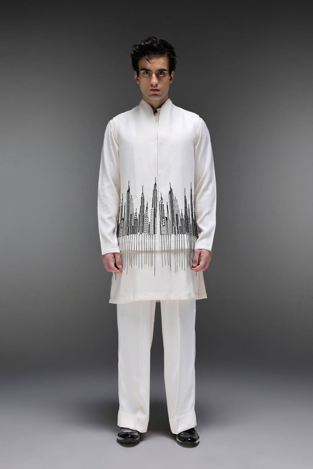 Skyline - Hand Embroidered Designer Bundi With Kurta - Ivory