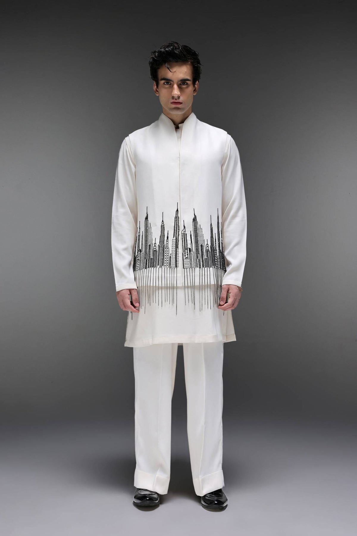 Skyline - Hand Embroidered Designer Bundi With Kurta - Ivory