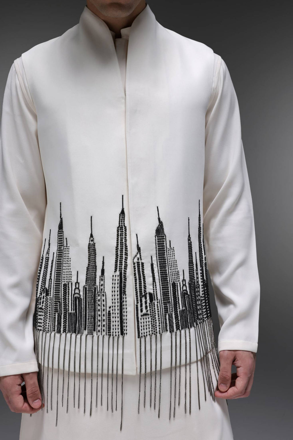 Skyline - Hand Embroidered Designer Bundi With Kurta - Ivory