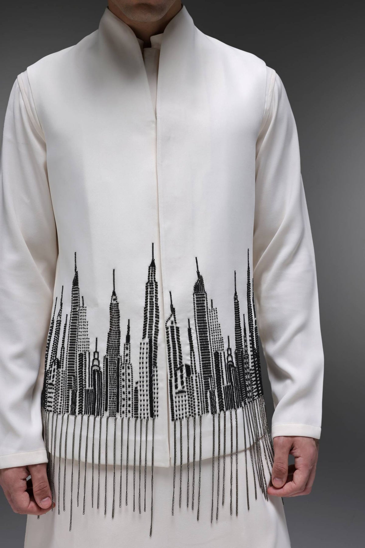 Skyline - Hand Embroidered Designer Bundi With Kurta - Ivory
