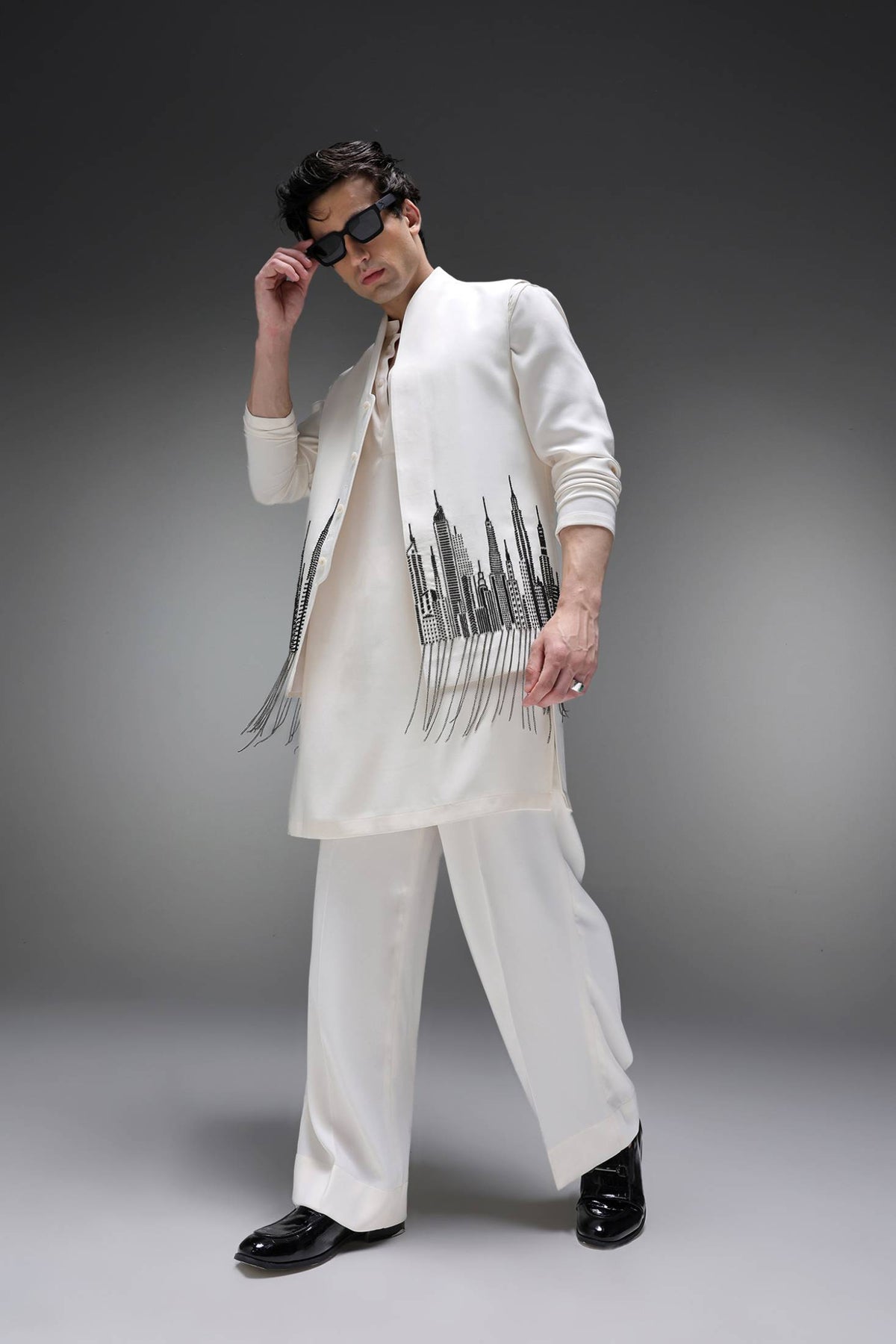 Skyline - Hand Embroidered Designer Bundi With Kurta - Ivory