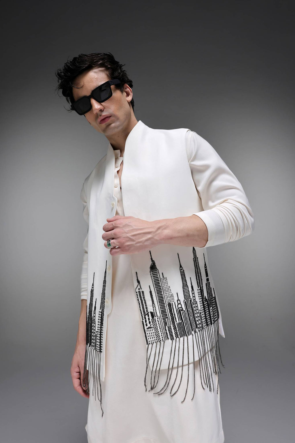Skyline - Hand Embroidered Designer Bundi With Kurta - Ivory