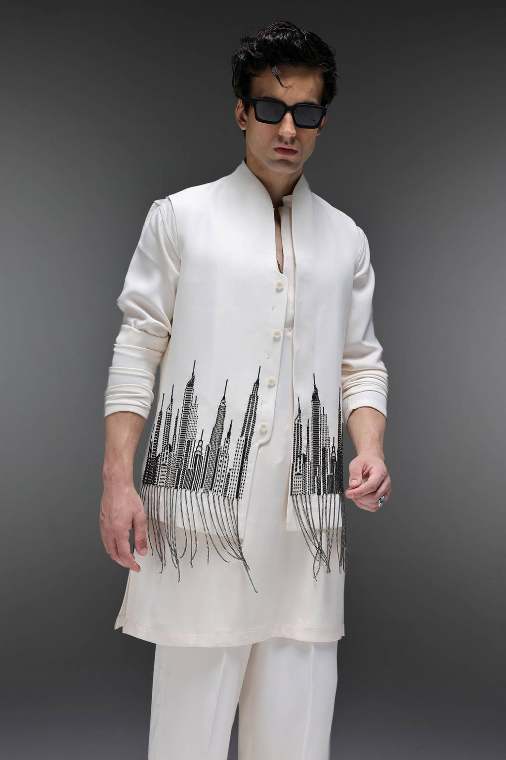 Skyline - Hand Embroidered Designer Bundi With Kurta - Ivory